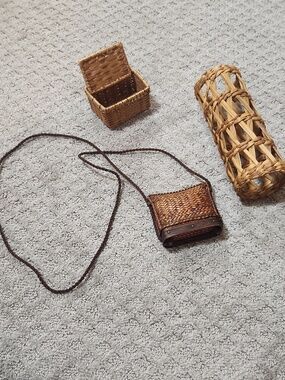 Vintage Bundle Of Woven Rattan Crossbody Bag & Natural Wicker Accessories